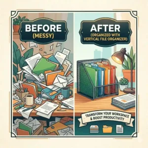 Graphic showing a messy desk transformed into a clean workspace using a vertical file organizer