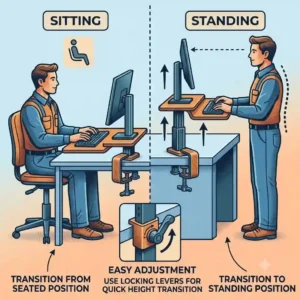 A split-screen illustration showing a professional transitioning from a sitting position to a standing position using a flexible standing computer keyboard stand.