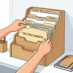 A person placing important tax documents into a multi-tier desk top file organizer.