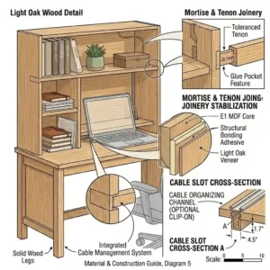 Line drawing of the back of a wood desk hutch highlighting cutouts for easy cord and cable management.