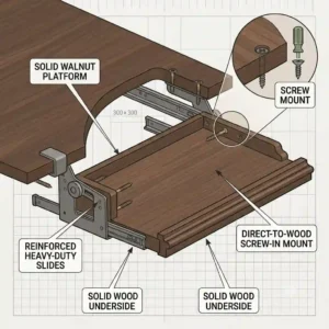 An illustration of a heavy-duty wooden pull out keyboard tray mounted under a solid wood desk.