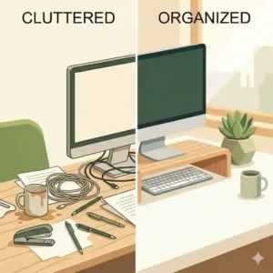 Comparison of an organized workspace vs clutter using a screen stand wood shelf.