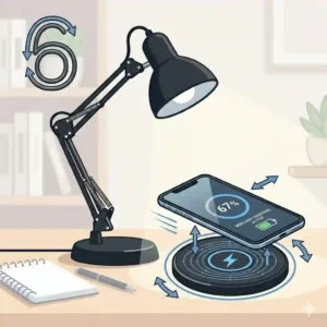 A multifunctional black desk lamp featuring a smartphone charging wirelessly on its base.