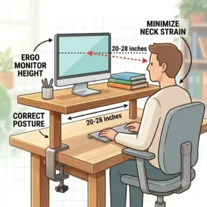 An ergonomic illustration showing proper monitor eye level achieved by using a wooden clamp on desk shelf.
