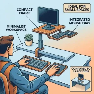 A minimalist vector design of a small apartment workspace utilizing a space-saving standing computer keyboard stand.