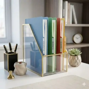An aesthetic pastel colored file folder holder for desk decor organizing stylish notebooks.