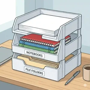 Stacking horizontal desk top file organizer trays holding printer paper and notebooks.