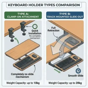 A side-by-side comparison chart illustrating a heavy-duty track-mounted keyboard holder versus a no-drill clamp-on design.