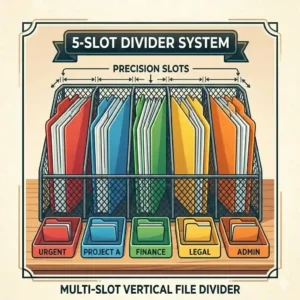 An illustration of a five-slot vertical file organizer separating different project folders