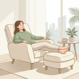 Minimalist illustration of a person relaxing on a luxury lounge chair with a matching footrest ottoman.