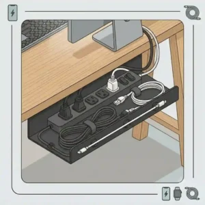 Under-desk view of a heavy-duty magnetic cable organizer tray hiding power strips and thick computer cords.