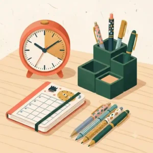 Line art illustration of unique office supplies designed for productivity, including a modular desk organizer.