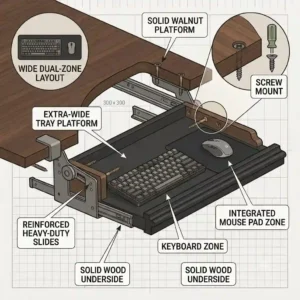 An illustration of an extra-wide pull out keyboard tray accommodating both a full-sized keyboard and a gaming mouse.