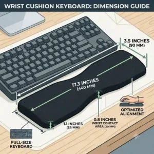 Sizing chart illustration showing the length and height measurements of a full-size wrist cushion keyboard support.