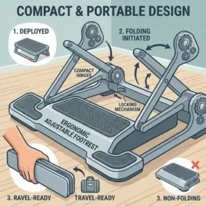 adjustable footrest displaying the travel-ready compact folding mechanism and a comparison against a standard non-folding footrest.