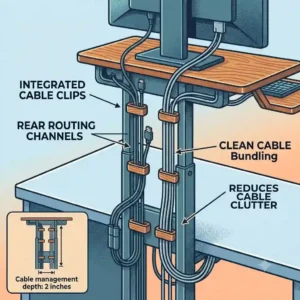 An illustration highlighting the built-in cable routing clips underneath a standing computer keyboard stand to keep wires organized.