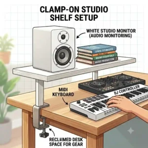 An illustration of a music studio setup featuring white clamp on desk shelf holding audio speaker and production gear.