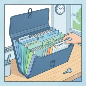 An infographic illustration demonstrating how to organize loose papers into a structured file sorter.