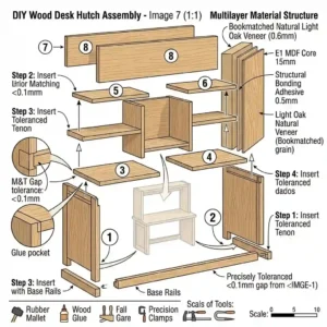 An exploded-view illustration showing the easy assembly steps for a wooden wood desk hutch topper.