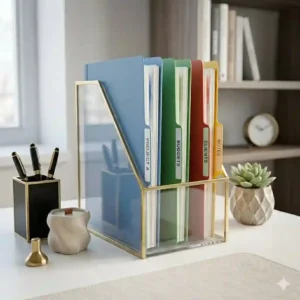 A minimalist home office workstation with a sleek file folder holder for desk document management.