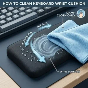 Illustrated guide showing how to safely wash and wipe down a water-resistant fabric wrist cushion keyboard.