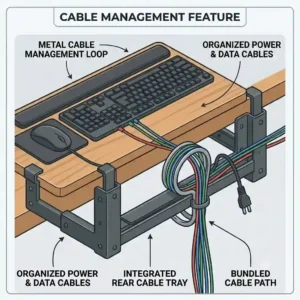 An illustration highlighting the built-in cable organizer loops on the back of a metal keyboard holder tray.