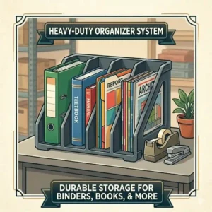 A sturdy plastic vertical file organizer securely holding heavy binders and magazines