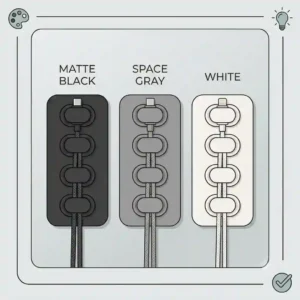 Product mockup displaying a magnetic cable organizer available in multiple colors including matte black, space gray, and white.