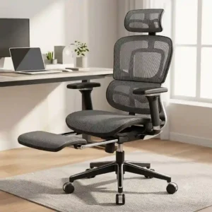 3D graphic illustration of a breathable mesh desk chair featuring an integrated footrest.