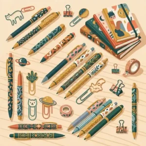 Vector illustration showcasing a variety of novelty pens and fun paperclips, highlighting affordable unique office supplies.