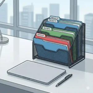 A productive corporate office setup featuring a black metal mesh desk top file organizer next to a laptop.