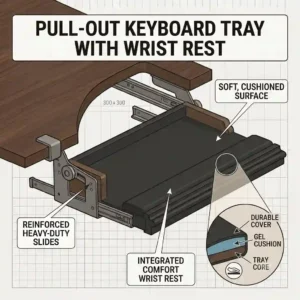 A close-up illustration of a pull out keyboard tray featuring a built-in gel wrist rest for comfortable typing.