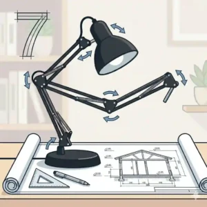 Classic metal swing arm black desk lamp extended over a large blueprint blueprint design.