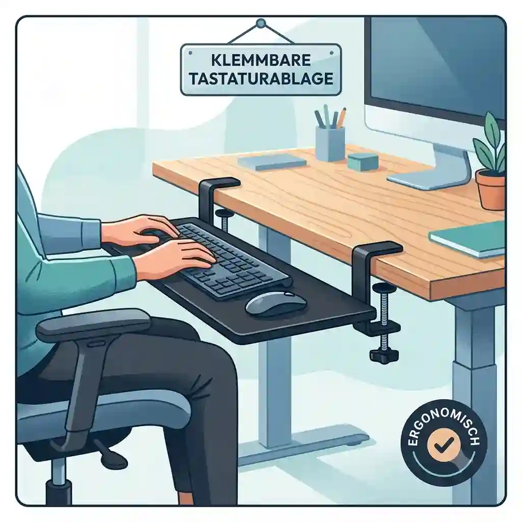 An image of the best clamp on keyboard tray attached to a modern, height-adjustable standing desk.