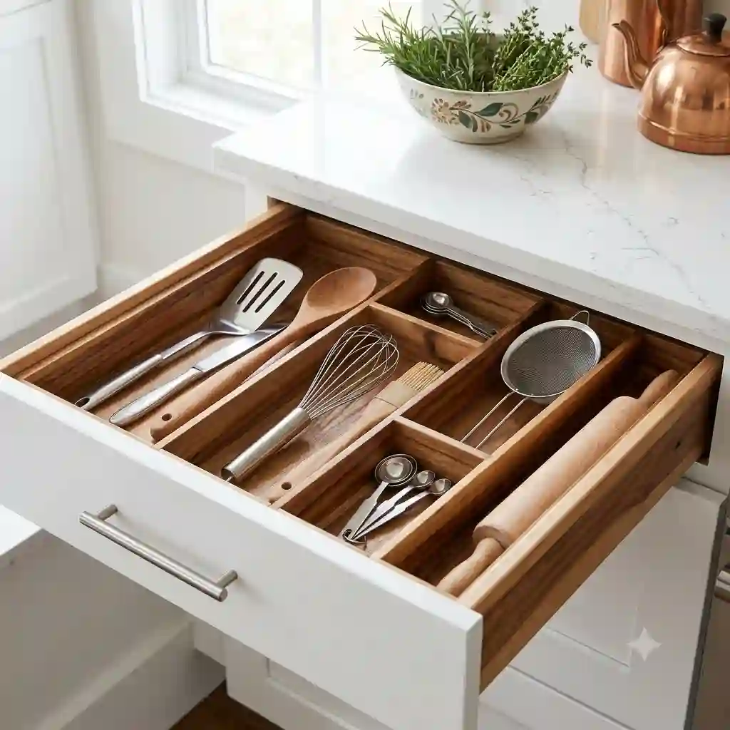 A beautifully organized kitchen utensil drawer using adjustable wooden drawer dividers to separate whisks, spatulas, and rolling pins.