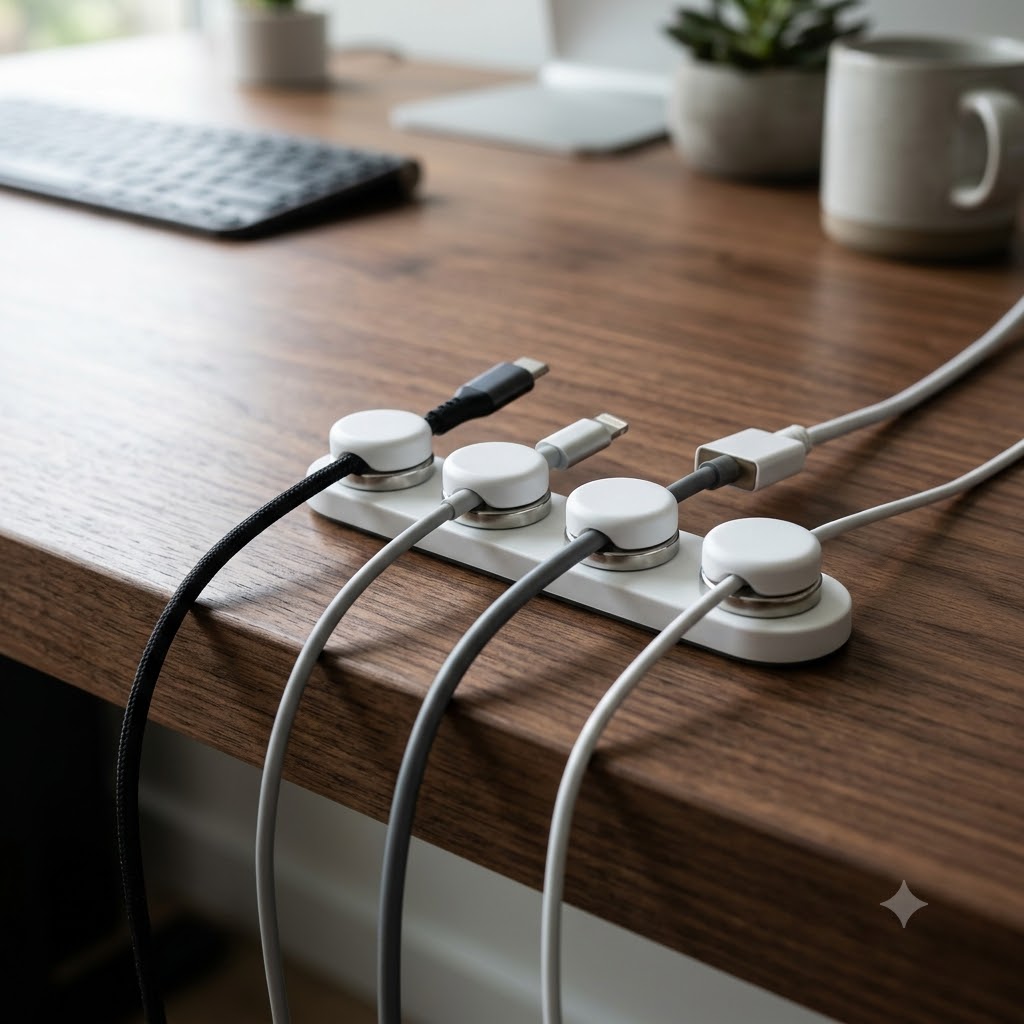 Sleek magnetic cable clips holding various wires neatly on a modern wooden desk surface.