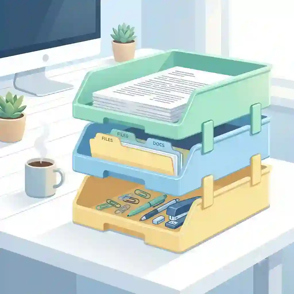 "A set of modern pastel-colored plastic stacking trays neatly organizing documents on a clean white office desk."