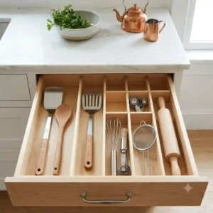 A top-down illustration of deep wooden drawer dividers sorting heavy pots, pans, and matching lids in a modern kitchen cabinet.