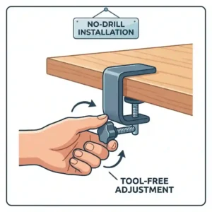 Illustration showing the tool-free installation of a clamp on keyboard tray, emphasizing its no-drill feature.
