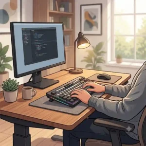 Height adjustable standing keyboard table allowing seamless transition between sitting and standing while typing.