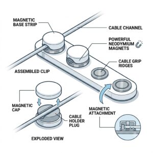 Technical diagram with callouts showing the exploded view of magnetic cable clips and their strong neodymium magnets.