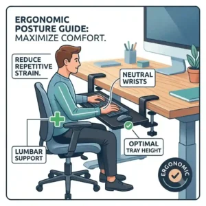 A diagram illustrating how a user can achieve ergonomic typing posture by using a clamp on keyboard tray.