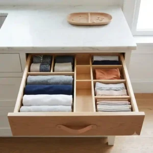 Multi-slot wooden drawer dividers neatly separating rolled t-shirts, socks, and undergarments inside a bedroom dresser.