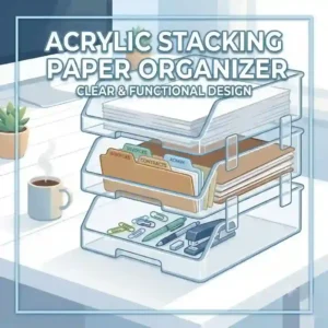 "BPA-free food-grade stacking trays used to organize fresh produce and snacks inside a refrigerator pantry."
