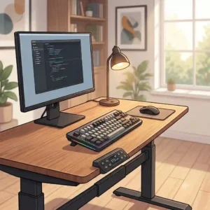 Ergonomic keyboard table with a smooth pull out tray positioned under the desk for optimal wrist comfort.