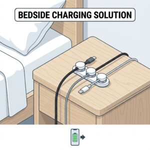 A minimalist graphic of magnetic cable clips organizing phone and tablet charging cables on a clean bedside nightstand.