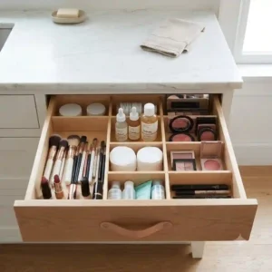 Bamboo wooden drawer dividers organizing skincare products, makeup brushes, and cosmetics inside a bathroom vanity drawer.