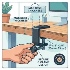 A graphic guide showing the minimum and maximum desk thickness required for a secure clamp on keyboard tray.