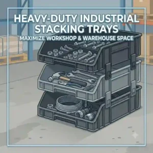 "Durable heavy-duty industrial stacking trays holding assorted screws, bolts, and hand tools in a workshop."