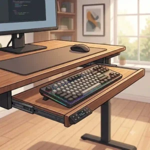 Compact and space saving keyboard table designed for small home office apartments and minimalist work nooks.
